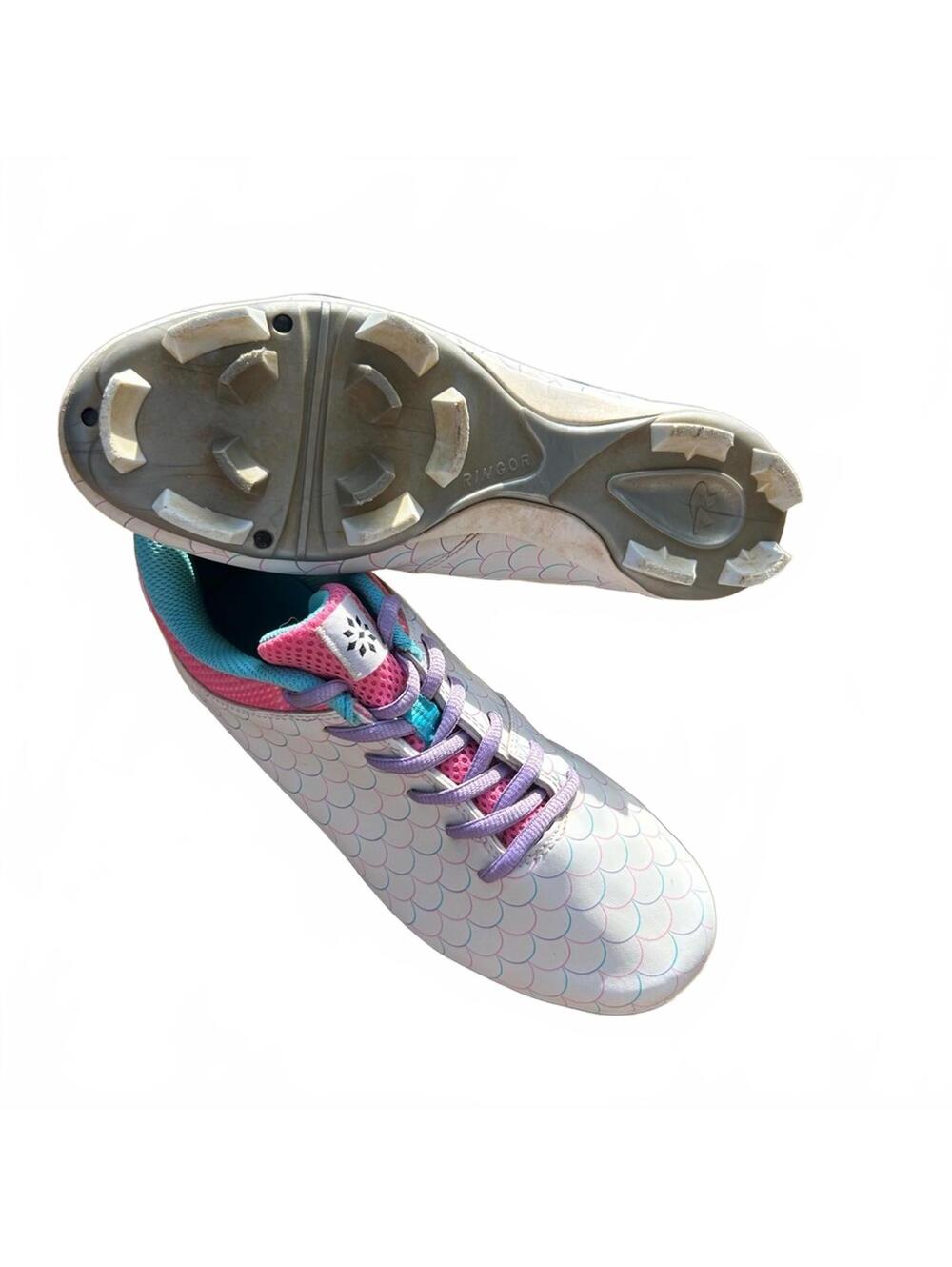 Rip-It Ringor Girl’s Play Ball Softball Cleat | White Pink Purple| Size 4.5Y